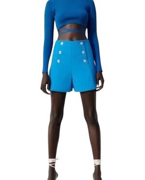 NWT Zara Sz M Cobalt Blue Gold Button Super High Rise Sailor Shorts Stretch 4”